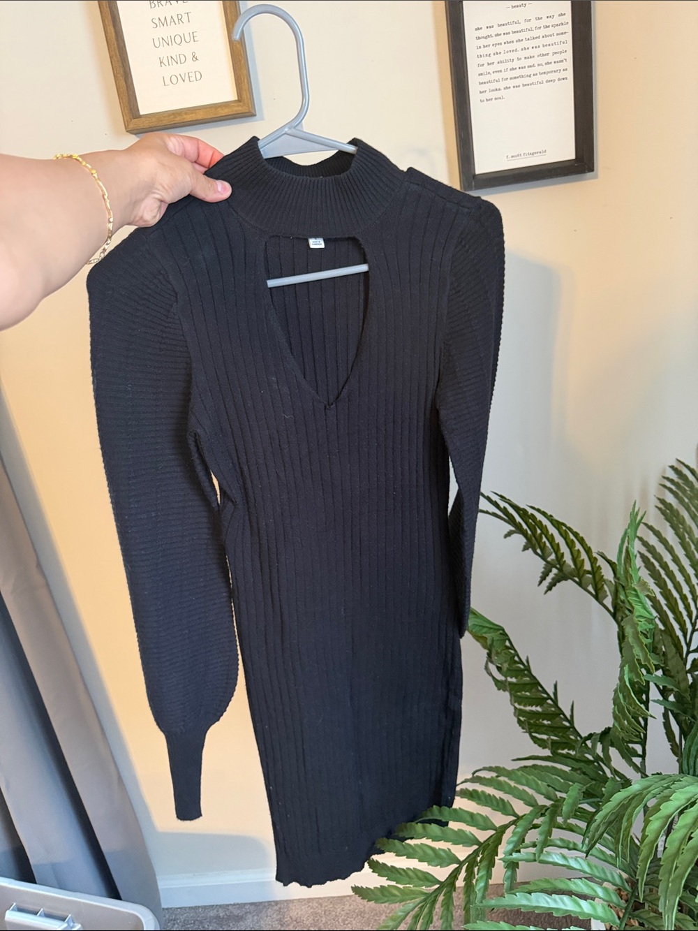 Hooked Up by IOT Black Ribbed Long-Sleeve V-Neck Mock Collar Dress